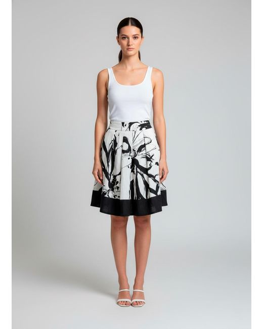 Conquista Black A-Line Floral Sketch Skirt With Contrast Hem