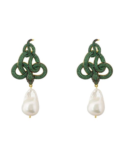 Latelita London Green Viper Snake Baroque Pearl Drop Earrings Gold Emerald Cz