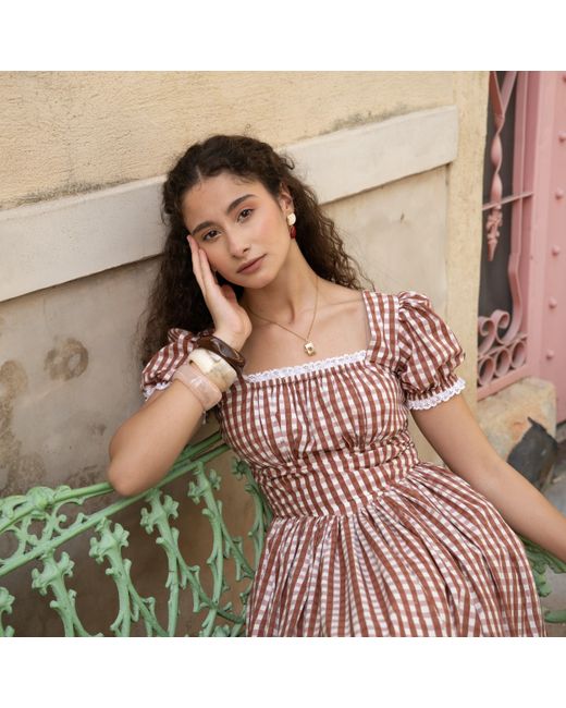 Echo of Pink Red Solene Gingham Hand Block Print Cotton Midi Dress