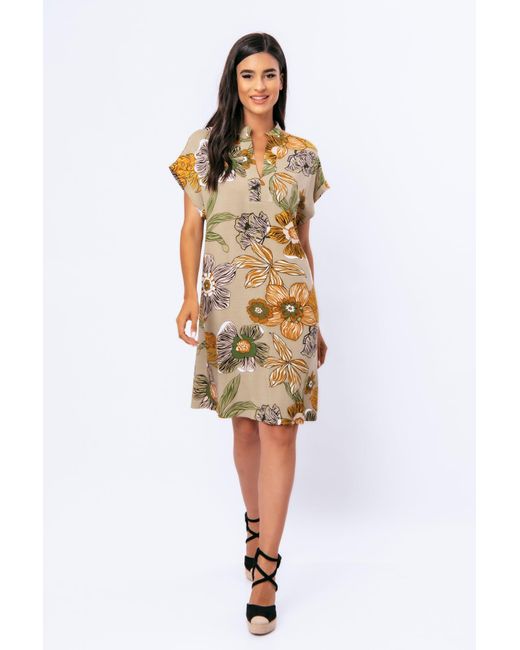 Conquista Metallic Linen Style Bold Floral Print Dress With Mandarin Collar