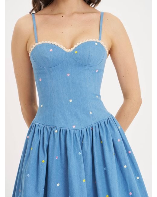 Miss Circle New York Blue Zadie Cotton Denim Drop Waist Embroidery Flower Midi Dress