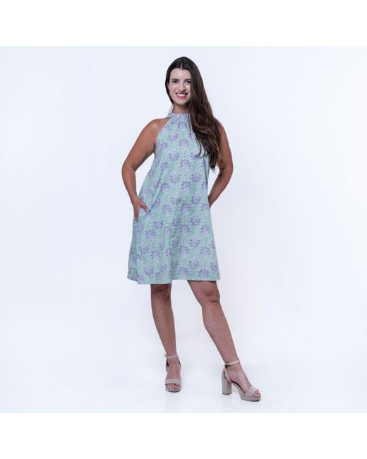 House of Gl Blue Lyra Cotton Mock Neck Sleeveless Dress With Pockets