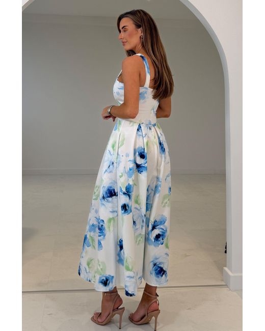 Girl In Mind Blue Heather Floral Pleated Midi Dress