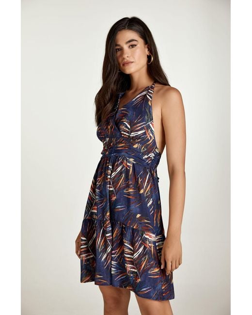 Conquista Blue Leaf Print Empire Line Mini Dress