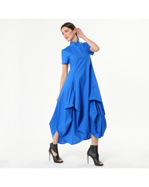 Metamorph Blue Asymmetric Collared Dress With Short Sleeves
