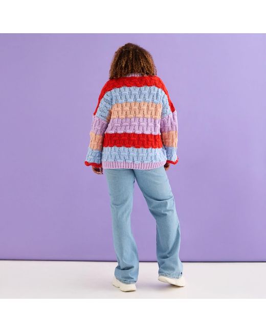 Cara & The Sky Red Mandy Criss-Cross Stitch Balloon Sleeve Stripe Jumper