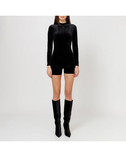 LIA ARAM Black Structured Velvet Catsuit