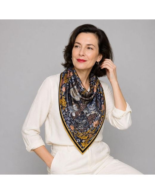 Wenzi Blue Whiskered Court Hand Painted Double Sided Silk Twill Scarf