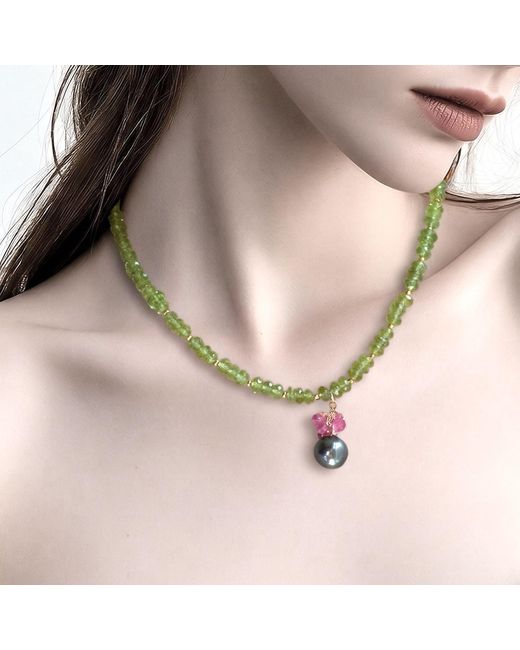 Lori Kaplan Design Metallic Peridot Necklace With Tahitian Pearl Gemstone Charm