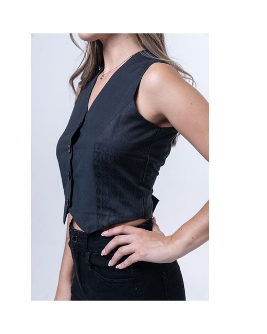House of Gl Black Sage Cotton Check Tailored Vest Top With V-Neck And Button Front