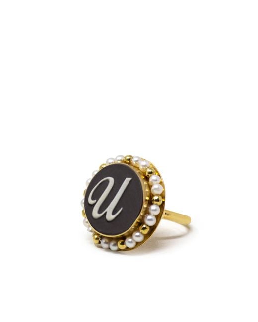 Vintouch Italy Metallic Gold Vermeil Black Cameo Pearl Ring Initial U