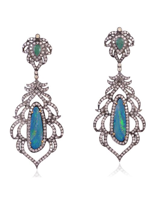 Artisan Blue 925 Sterling Silver & 18k Gold Pave Diamond Dangle Earrings Opal Doublet Emerald Gemstone Jewelry