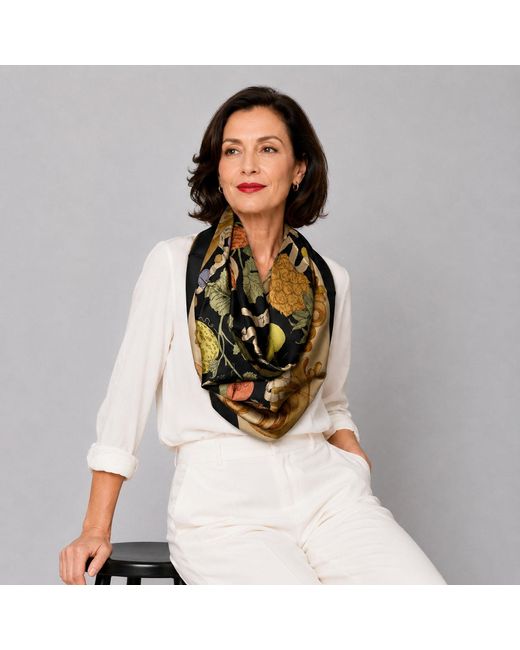 Wenzi Metallic Neutrals Fruitful Elegance Sand Hand Painted Pattern Double Sided Silk Twill Scarf