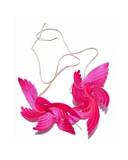 Nana Watanabe Pink Joy Bird Wing Sculptural Embroidered Statement Necklace