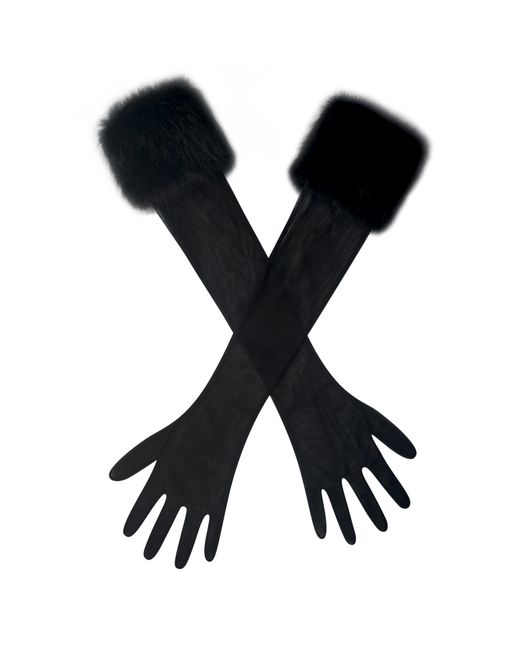 Miss Circle New York Black Eve Fur-Trimmed Mesh Opera-Length Gloves