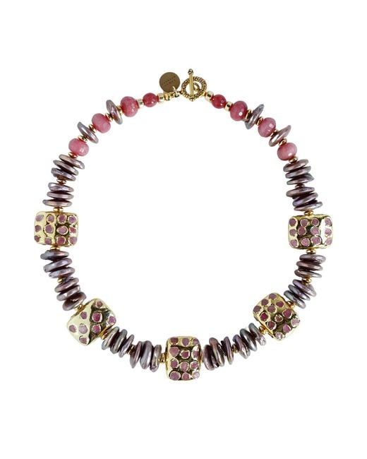 Edgar Navarro Jewelry Metallic Navarro Mother Of Pearl Necklace With Cherry Jade & Encrusted Golden Beads