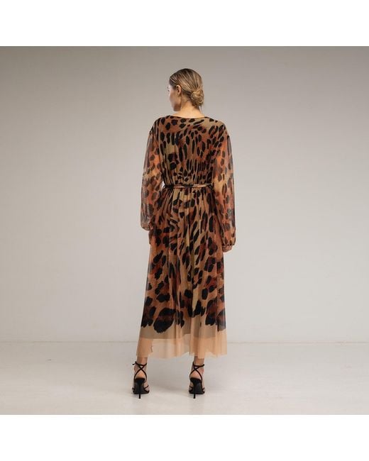 Tantra Spain Sl Brown Animal Print Tulle Midi Dress With V-Neck