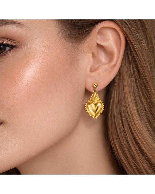 Unaloe Metallic Earrings With-Plated Heart Pendant– Sacred Heart Style, Handmade Jewelry, Elegant Earrings For