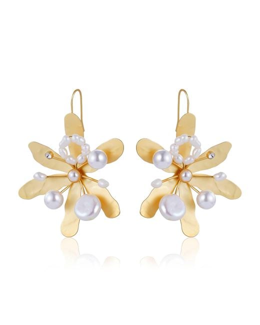 Rare Matters Jewelry Metallic Blossom Pearl Drops Flower Earring