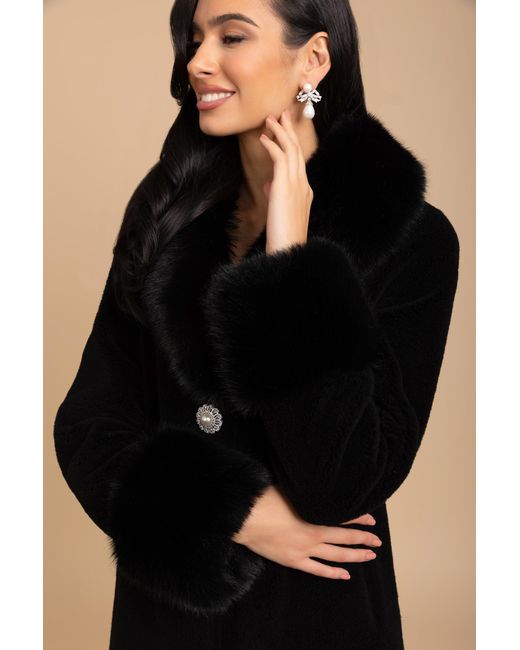 Santinni Black Sunset Boulevard Long Wool Coat With Faux Fur Collar