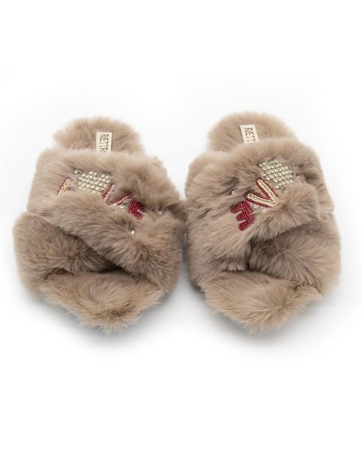 Rettrose Natural Neutrals Valentina Luxury Plush Diamanté Embellished Handmade Slipper