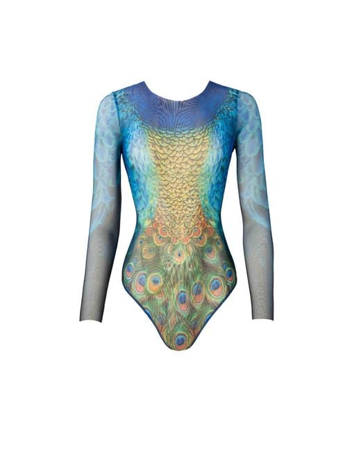 Rodasoleil Smart Swimwear Blue Tan-Through Mesh One-Piece Swimsuit With Sleeves Peacock Mayura