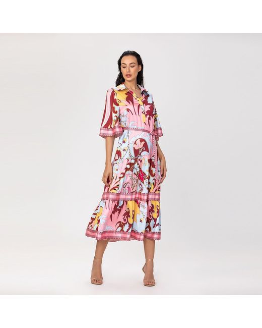 Smart and Joy Pink Midi Shirt Dress With Artistic Print And Tied Belt
