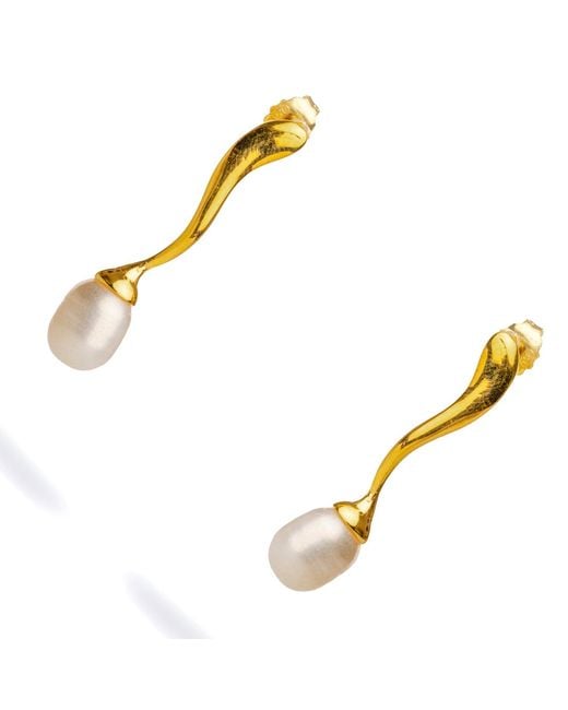 Ebru Jewelry Metallic Wave Vermeil Pearl Drop Statement Earrings
