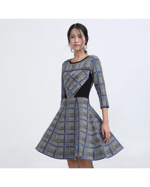Smart and Joy Blue Fit-And-Flare Tartan Knit Dress