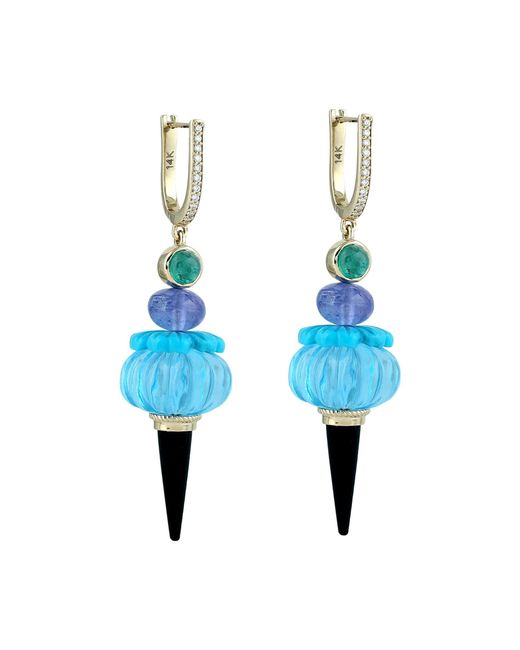 Artisan Blue 14K Swiss Topaz, Emerald, Tanzanite, Carved & Diamond Huggie Earrings