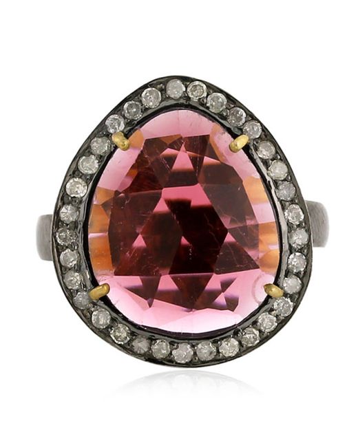Artisan Pink 18k Yellow Gold Silver With Pear Cut Tourmaline Gemstone & Pave Diamond Cocktail Ring