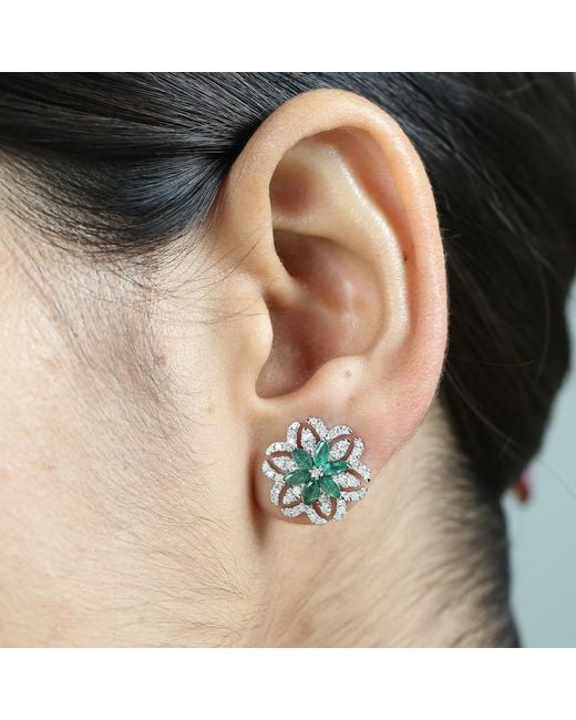Artisan Green Solid White Gold Natural Diamond Emerald Stud Earrings Handmade Jewelry