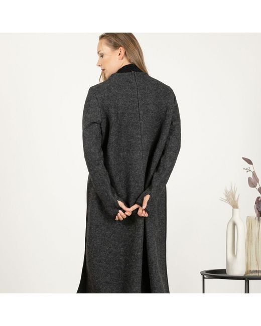 Nikka Place Black Minimalist Boiled Wool Sweater Dress With Long Sleeves And Slits