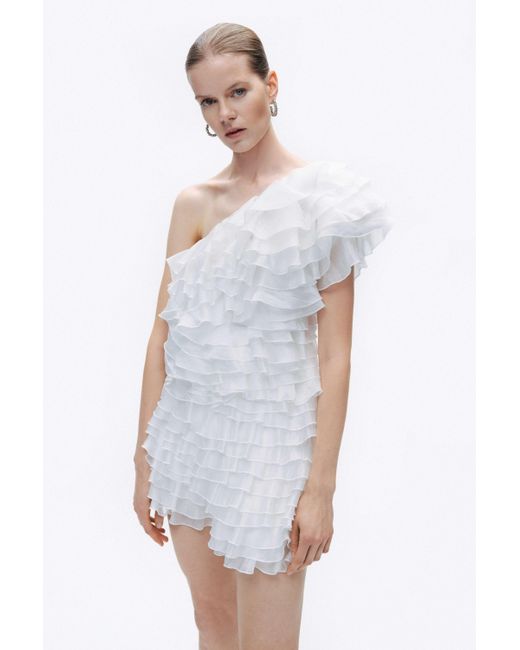 Nocturne White Ecru Mini Dress With Layered Ruffle Details