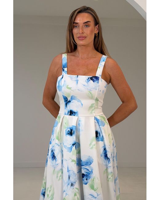 Girl In Mind Blue Heather Floral Pleated Midi Dress