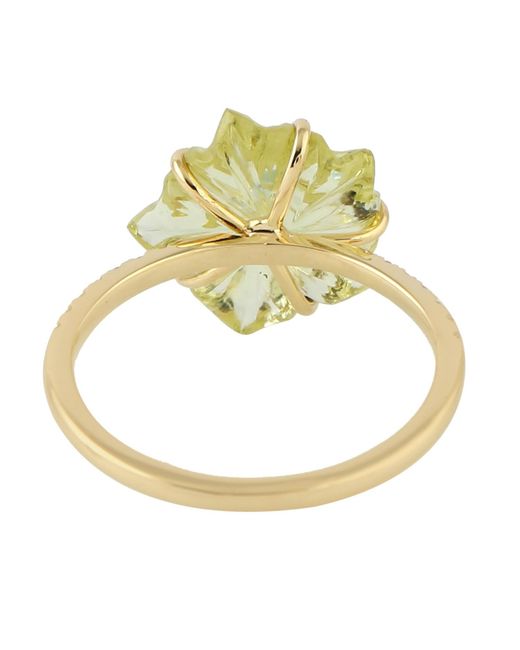 Artisan 18k Yellow Gold Carving Flower Ring Lemon Quartz Gemstone Handmade Jewelry
