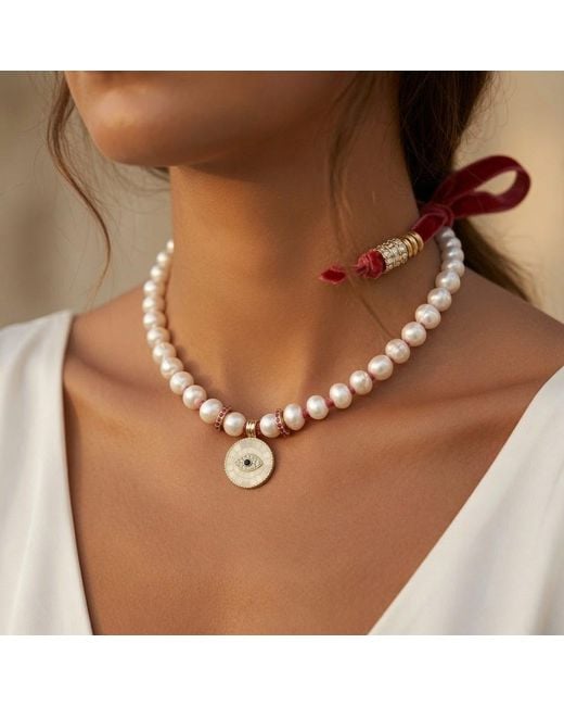 Persia Dona Jewelry Red Eye X Pearl Ribbon Choker Necklace