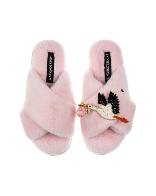 Laines London Pink Classic Laines Slippers With Baby Girl Stork Brooch