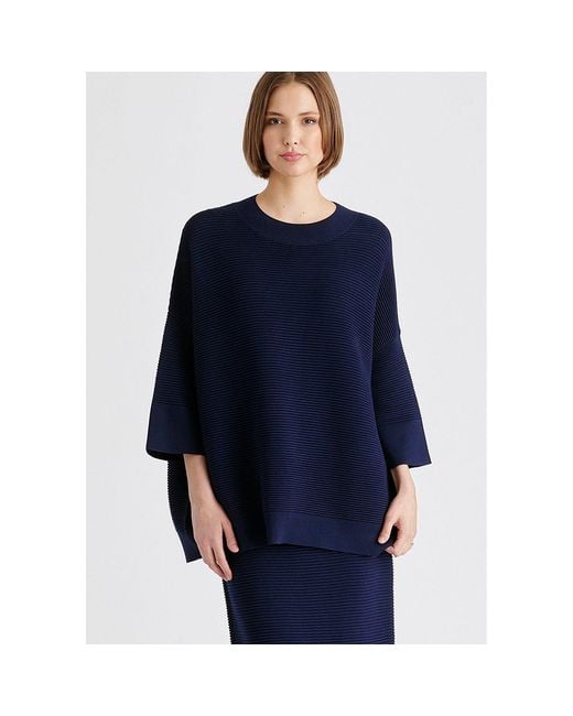 Paisie Blue Mock Neck Cropped Sleeve Ribbed Jumper