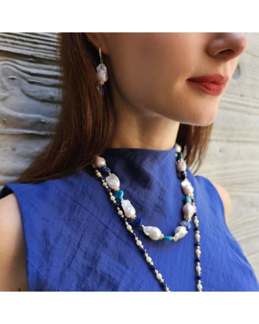 Farra Blue Baroque Pearls With Heart Shaped Lapis And Apatite Dangle Earrings
