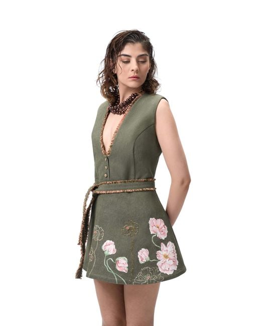 Rondooz Green Hand Painted Denim Mini Dress With Hand Applied Embellishment