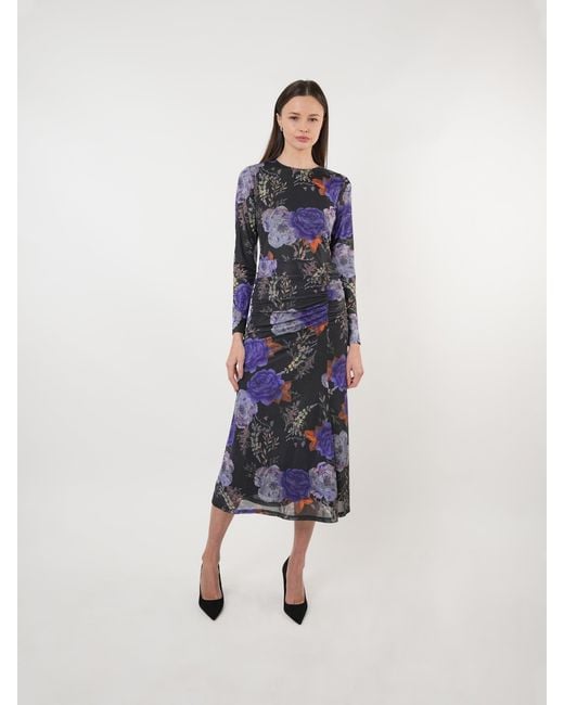 John Abgin Blue Floral Mesh Gathered Midi Dress