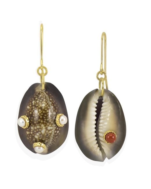 Vintouch Italy Green Pearls & Coral Dark Cowrie Shell Earrings