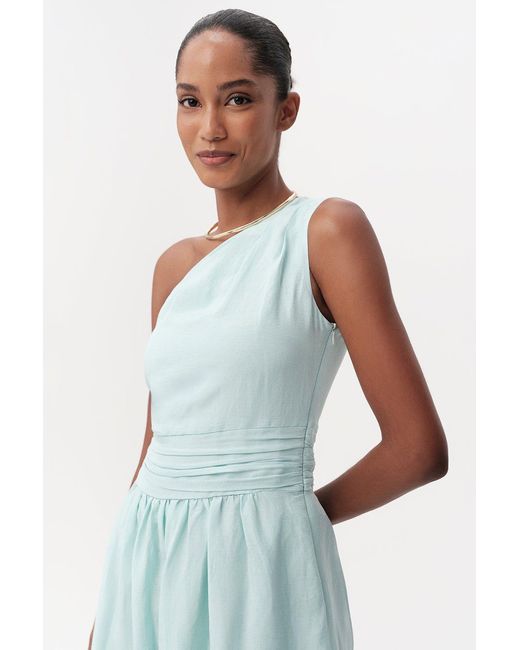 Exquise Blue Burk Elastic Waist Linen Blend Midi Dress