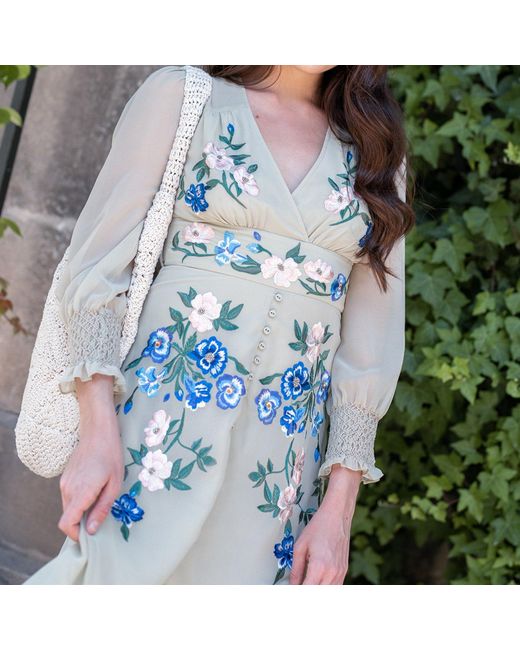 Hope & Ivy Blue The Marissa Embroidered Long Sleeve Front Button Midi Dress
