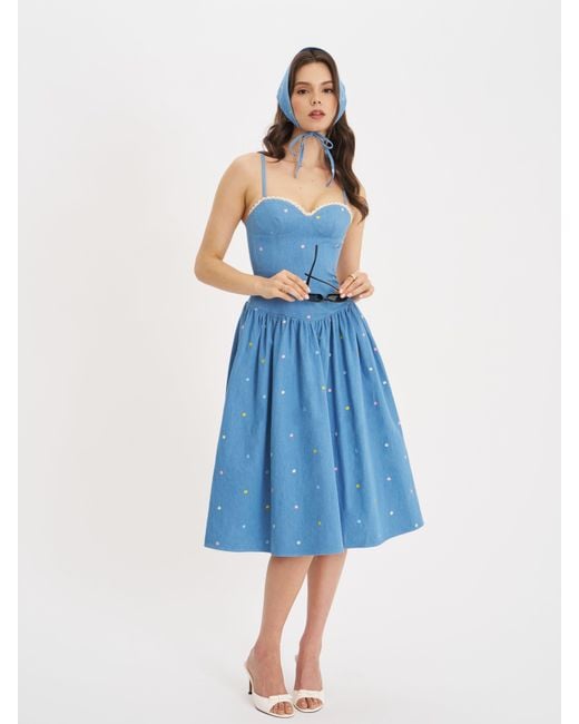 Miss Circle New York Blue Zadie Cotton Denim Drop Waist Embroidery Flower Midi Dress