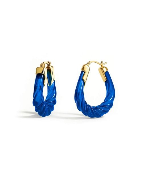 Gold & Honey Blue Sapphire Rope Twist Oval Lucite Birthstone Hoop Earrings