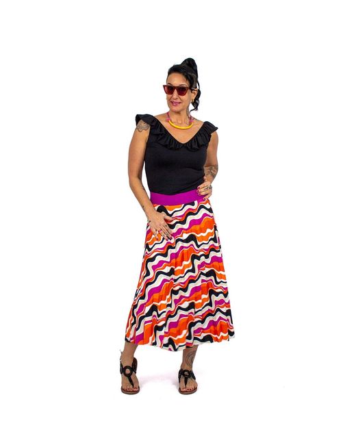 Lalipop Design Red Half-Circle Pleated Midi Skirt With Colorful Wavy Print