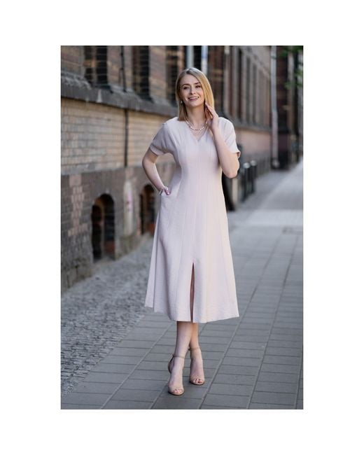 Oh!Zuza Pink Neutrals Echo Viscose Midi Dress Short Sleeve With Pockets