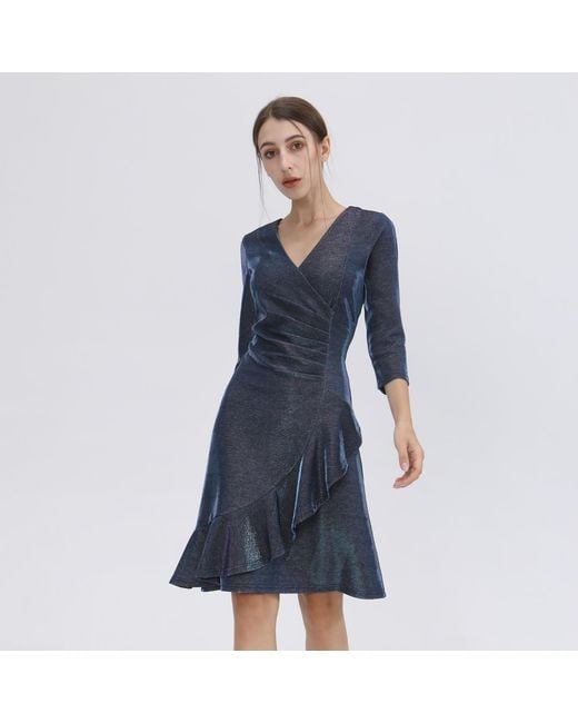 Smart and Joy Black Cross-Heart Fit-And-Flare Tiered Ruffle Shiny Dress